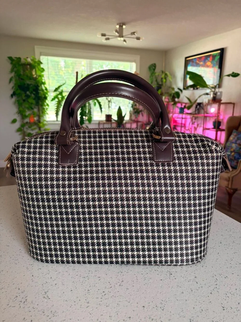London Fog Houndstooth Travel Cosmetic Bag Makeup Organizer Weekender Case